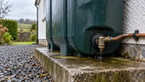 Close view of a domestic oil tank outlet and small copper fuel line.