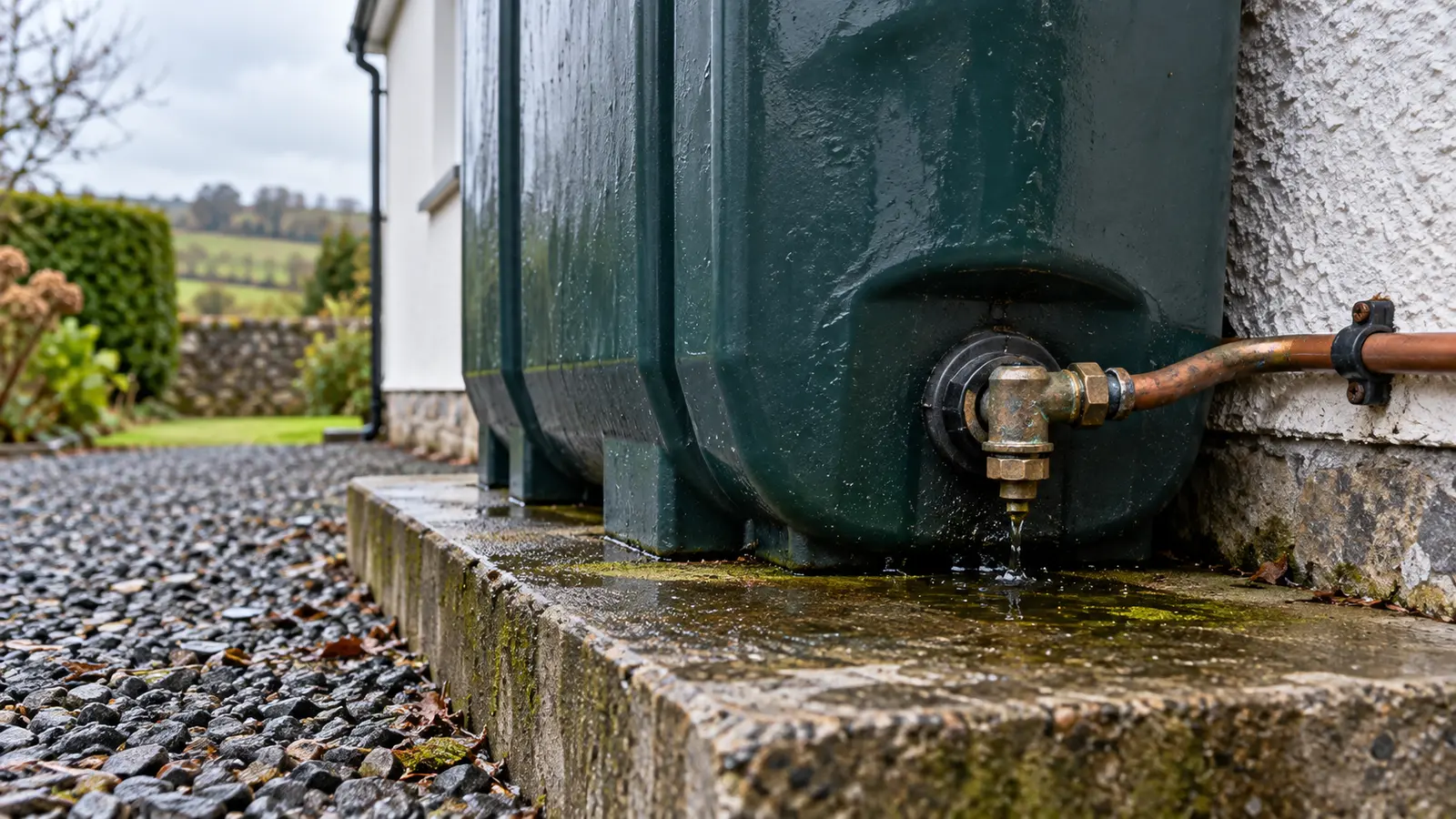 Close view of a domestic oil tank outlet and small copper fuel line.