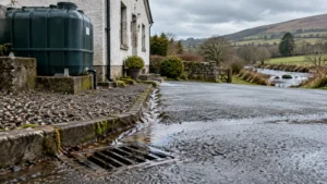Rainwater flowing toward a driveway drain near a domestic heating-oil tank.