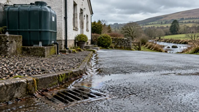 Rainwater flowing toward a driveway drain near a domestic heating-oil tank.