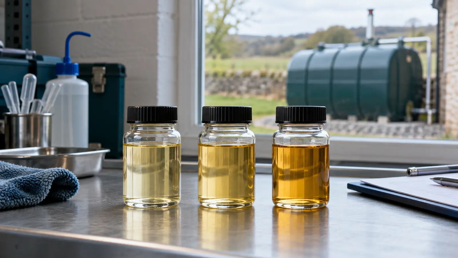 Three sealed fuel samples on a workbench with a domestic oil tank in the background.