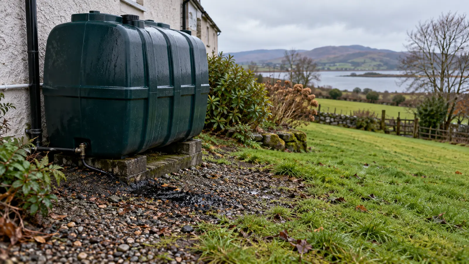 Domestic heating-oil tank beside a rural house with staining in nearby gravel and soil.