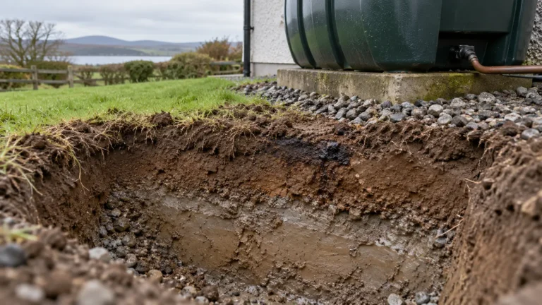 Shallow soil profile with localized dark staining beside a domestic oil tank.