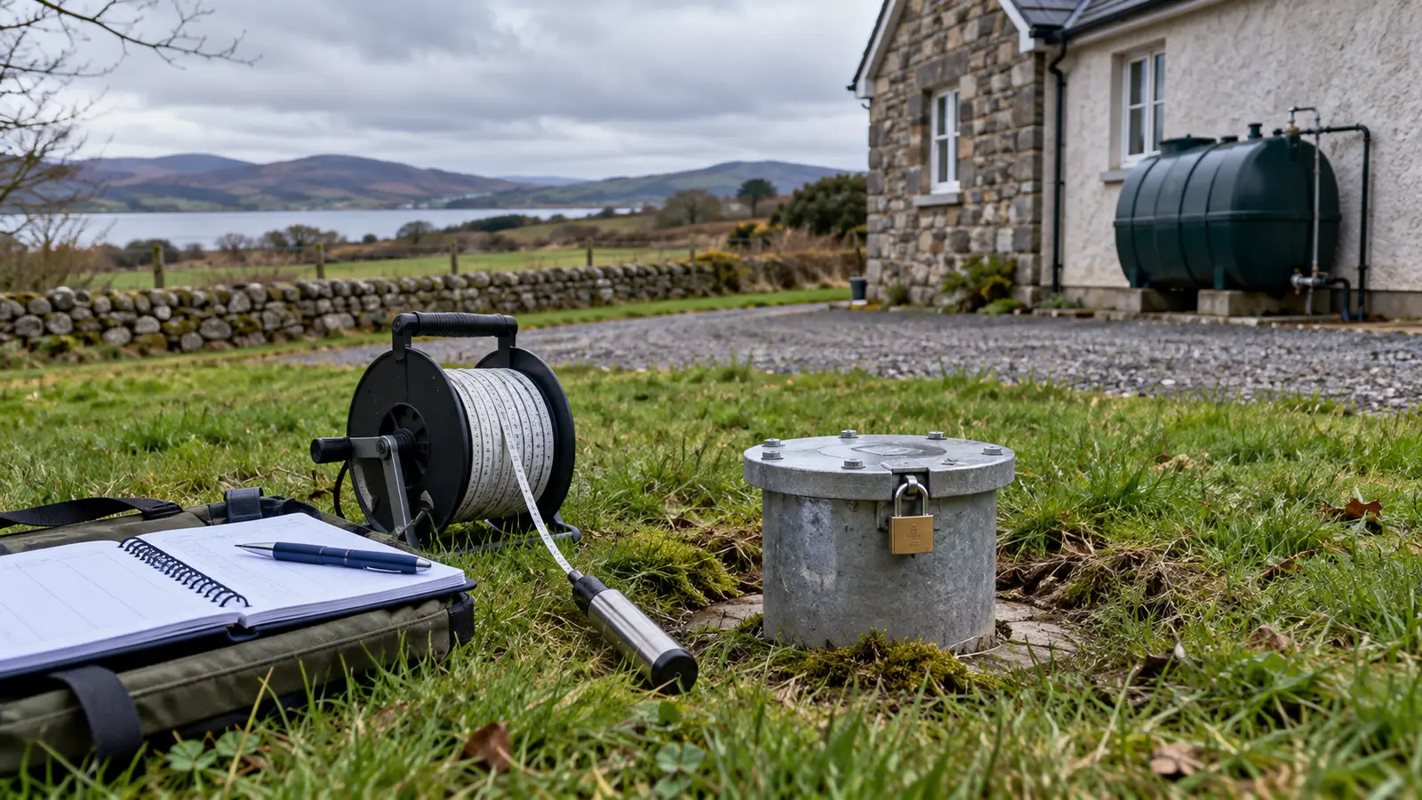 Groundwater monitoring well and water-level equipment near a rural home.