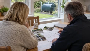 Homeowner and adviser reviewing site photographs and a property plan at a kitchen table.