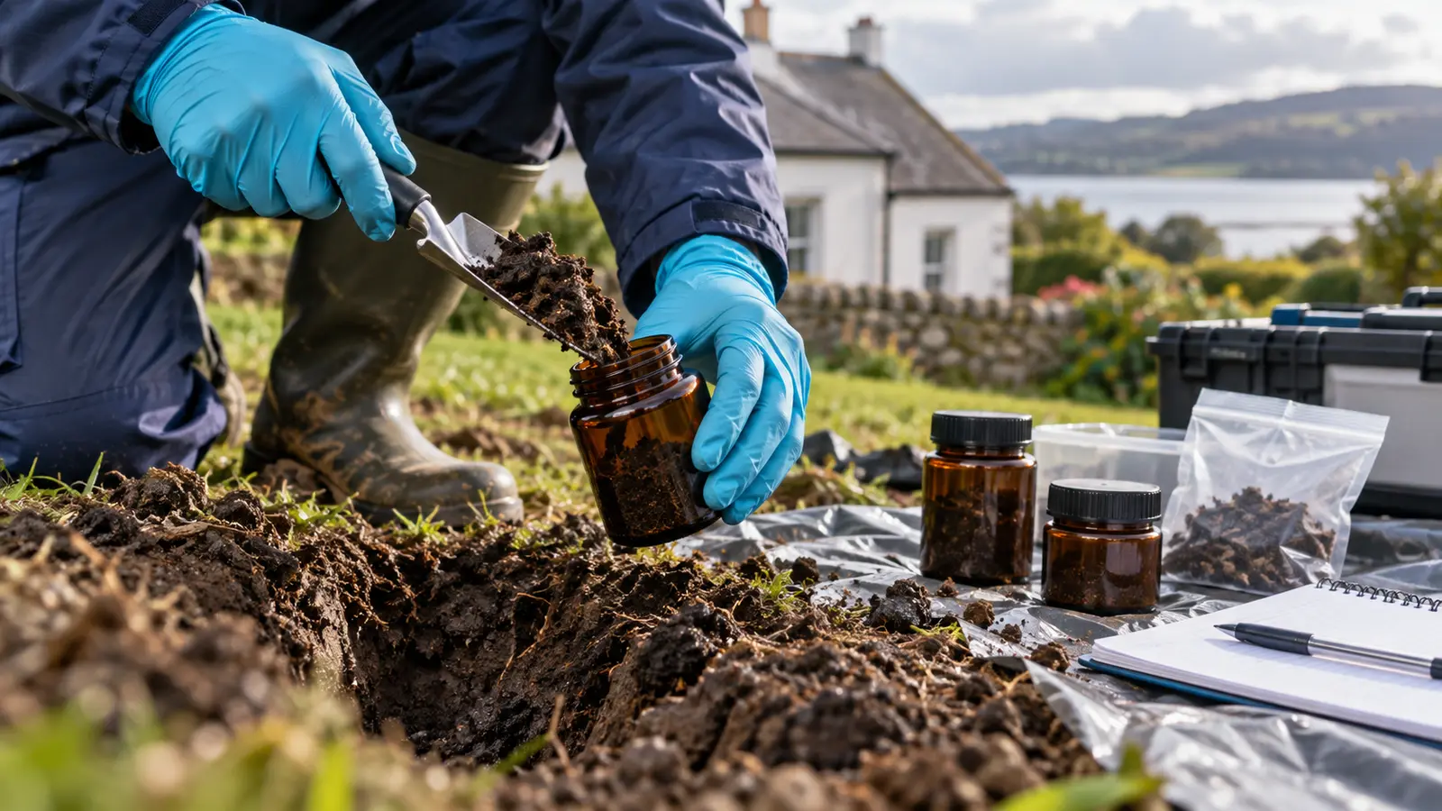 Gloved field worker placing a soil sample in a jar beside a domestic property.