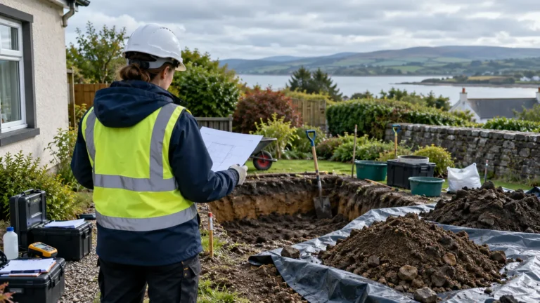 Consultant reviewing a site plan beside a small domestic garden excavation.