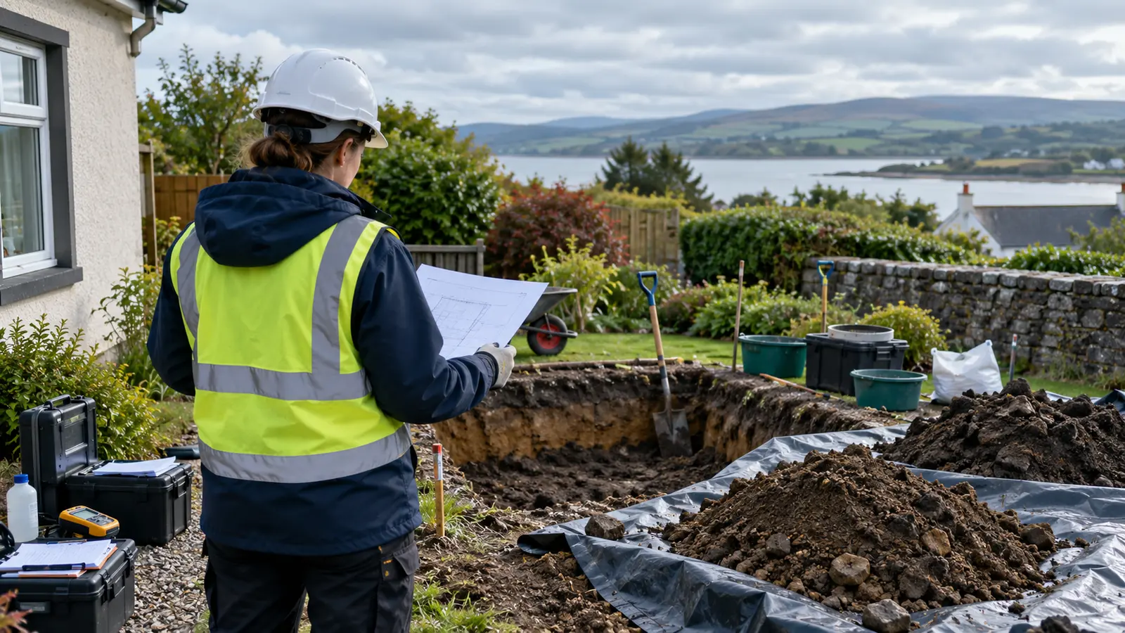 Consultant reviewing a site plan beside a small domestic garden excavation.