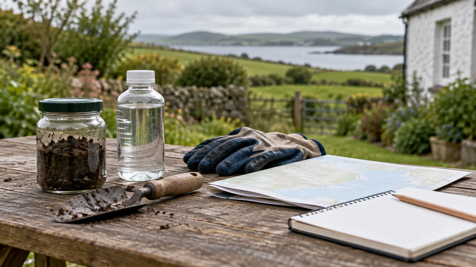 Soil and water samples with gloves, trowel, map and notebook on a field table.