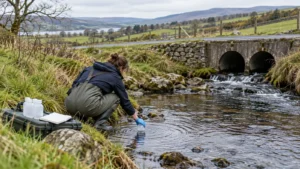 Field worker collecting a stream-water sample near a rural road culvert.