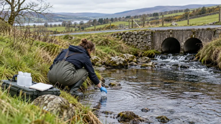 Field worker collecting a stream-water sample near a rural road culvert.