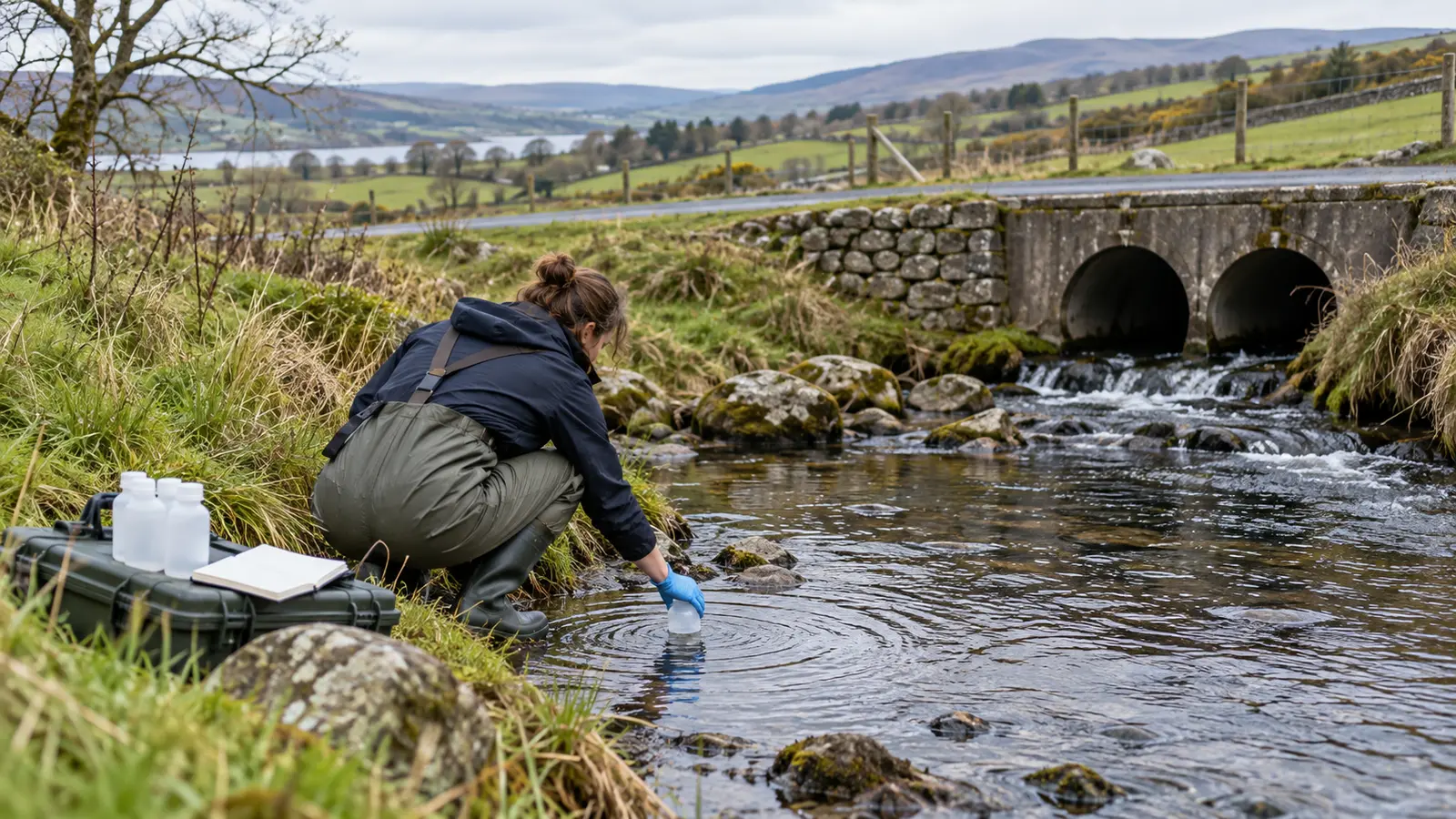 Field worker collecting a stream-water sample near a rural road culvert.