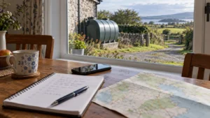 Phone, checklist and map on a table overlooking a domestic oil tank.