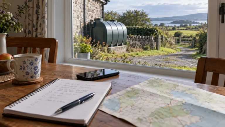 Phone, checklist and map on a table overlooking a domestic oil tank.